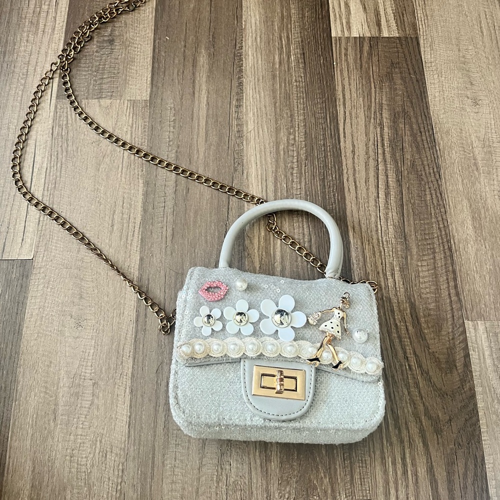Grey Sparkly Grey Charmed Small Handbag with Golden Chain Strap